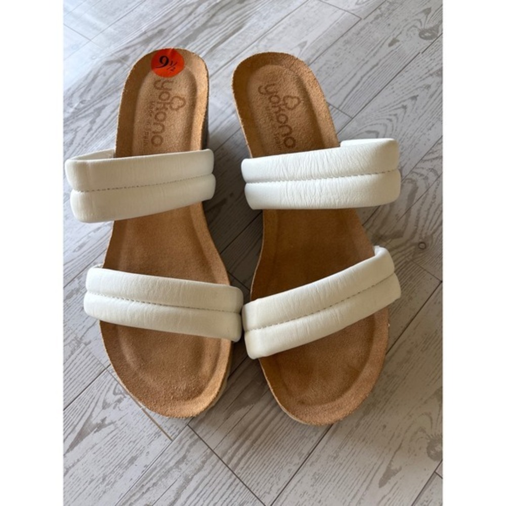 Yokono‎ Sandals Womens White Leather Wedge Slip On strappy size 9.5